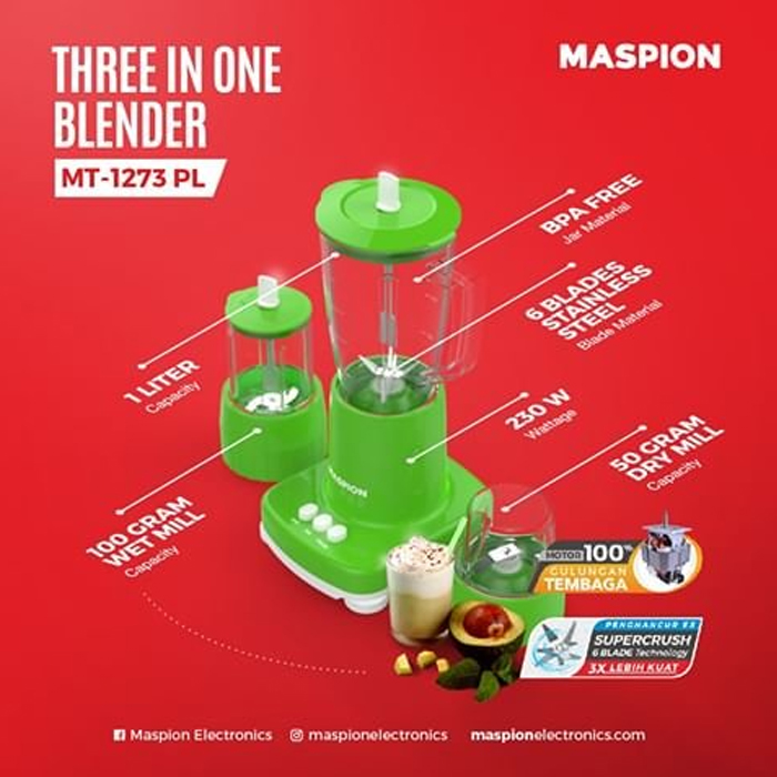 Maspion Blender Plastik Anti Pecah 3in1 1 Liter - MT1273PL | MT-1273 PL - Hijau